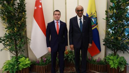 El presidente Daniel Noboa junto en el presidente de Singapur, Tharman Shanmugaratnam, en Singapur el 24 de agosto de 2026.