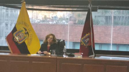 Daniela Camacho, jueza nacional de Garantías Penales, durante la audiencia de formulación de cargos a la instrucción fiscal por el caso "Sobornos 2012-2016", realizada el 8 de agosto de 2019.