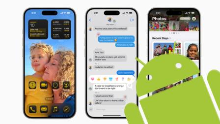 La mascota de Android se ve encima de teléfonos iPhone que corren iOS 18.