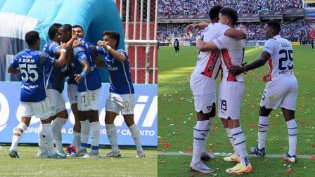 Jugadores de Emelec y Liga de Quito celebrando sus goles, 16 de noviembre de 2024.