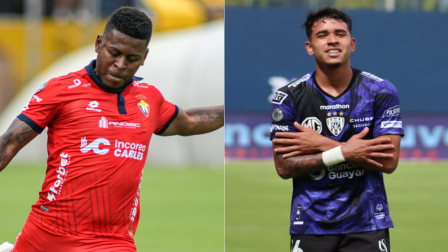 Gabriel Cortez, de El Nacional, y Kendry Páez, de Independiente del Valle durante partidos de la temporada 2024.