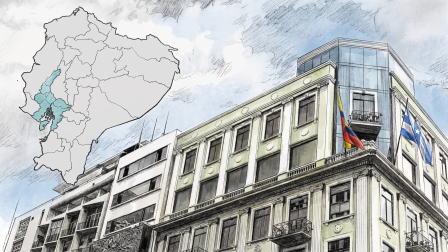 Ilustración del edificio de la prefectura de Guayas junto al mapa de Ecuador
