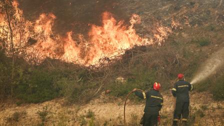 Bomberos combaten un incendio forestal cerca de Siviri, en la península de Calcídica, al norte de Grecia.