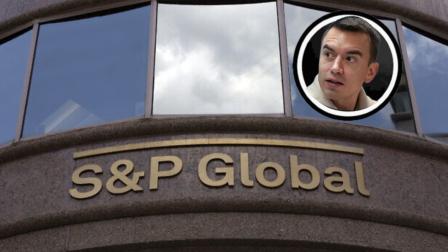 Composición con un retrato del presidente de Ecuador, Daniel Noboa, y una fachada de S&P Global.