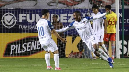 Yerlin Quiñónez, de Liga de Quito, festeja un gol ante Aucas en el estadio Gonzalo Pozo Ripalda, el 16 de agosto de 2026.