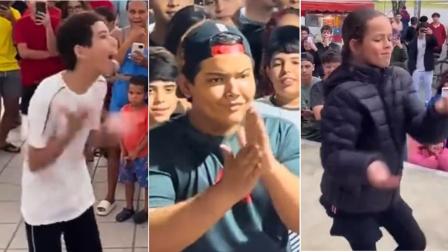 Niños y jóvenes en "batallas" de 'Farmear Aura' (o farmar), una tendencia donde los participantes realizan movimientos con sus cuerpos, sin mayores reglas, con el objetivo de agradar al público. Agosto de 2026
