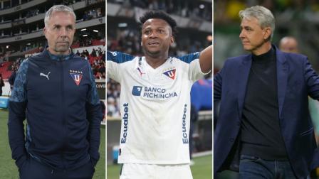 Gustavo Álvarez, DT de Liga de Quito; Michael Estada, delantero; y Tiago Nunes, exentrenador de LDU.