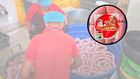 Composición fotográfica de la fábrica de embutidos clausurada este 18 de agosto de 2026 y una muestra del producto retirado del mercado por la Arcsa.