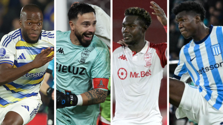Enner Valencia, Hernán Galíndez, Jordy Caicedo y Alberto Campos jugando con sus equipos en Argentina en 2026.
