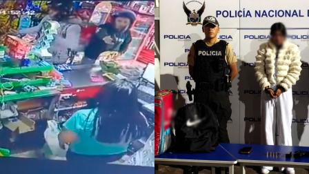 Imágenes del asalto perpetrado por falsos repartidores en Cumbayá y de la captura de una mujer presuntamente relacionada con los implicados en el delito.