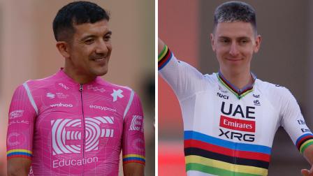 Richard Carapaz y Tadej Pogacar durante la presentación de la Vuelta a España, el 20 de agosto de 2026.