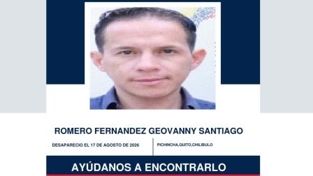 Ficha de desaparición de Geovanny Romero, quien fue visto por última vez el 17 de agosto al sur de Quito.
