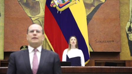La presidenta de la Asamblea y secretaria de ADN, Mishel Mancheno, en la sesión del Pleno de la Asamblea del 25 de agosto de 2026.