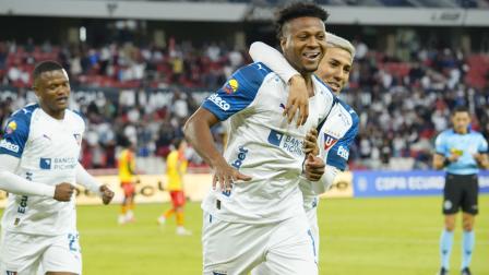 Michael Estrada celebra su gol ante Aucas este miércoles 26 de agosto ante Aucas por los cuartos de final de la Copa Ecuador 2026.