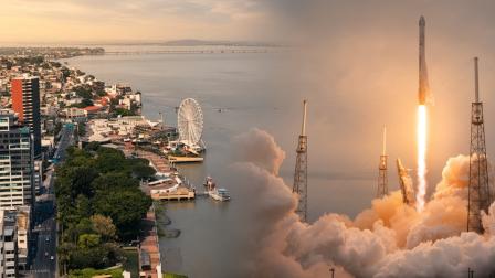 Composición fotográfica de Guayaquil y el lanzamiento de un cohete espacial.