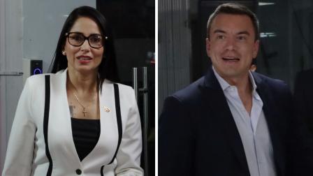 Luisa González y Daniel Noboa en el debate por la segunda vuelta presidencial, 23 de marzo de 2025.