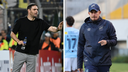 Joaquín Papa, entrenador de IDV y Diego Martínez, DT de Católica, durante partidos en la temporada 2026.