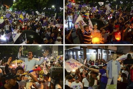 Los partidarios del candidato presidencial de Ecuador por el Partido Acción Democrática Nacional, Daniel Noboa, celebran después de conocer los primeros resultados de la segunda vuelta presidencial en Guayaquil, Ecuador, el 15 de octubre de 2023. 