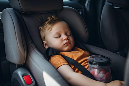 Niño durmiendo en asiento de vehículo.