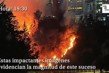 El norte de Quito enfrenta un incendio forestal de grandes proporciones este martes, 24 de septiembre de 2024. Según el alcalde de la ciudad, Pabel Muñoz, las llamas se originaron, pasado el mediodía, en una quebrada, a la altura de la intersección de las avenidas Simón Bolívar y Los Conquistadores, en la bajada a Cumbayá.