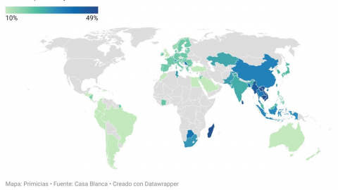 Mapa de aranceles anunciado por Estados Unidos para países de todo el mundo, el 2 de abril de 2025.