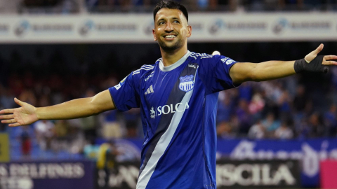 Aníbal Leguizamón, defensa de Emelec, tras marcar el gol del triunfo ante el Manta, el lunes 7 de septiembre, por la LigaPro.