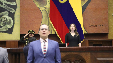 La presidenta de la Asamblea, Mishel Mancheno, en la sesión del Pleno del 27 de agosto de 2026.