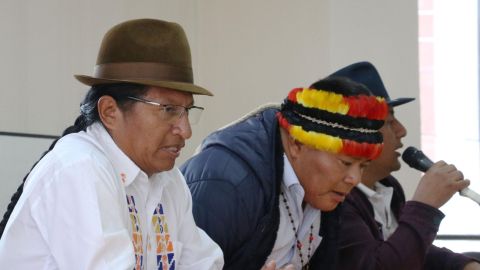 Guillermo Churuchumbi el 2 de abril de 2026 en un consejo ampliado de Pachakutik en Quito.