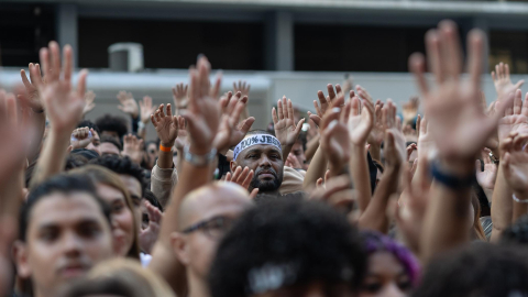 Cristianos del grupo Ekballo se reúnen en la avenida Paulista el 11 de octubre de 2026, durante una manifestación en contra del uso político de la iglesia y la palabra de Jesús, en Sao Paulo (Brasil).