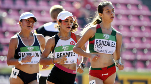 La marchista ecuatoriana Glenga Morejón durante su participación en los 10.000 metros en marcha, en el IAAF World U20 Championships, en Tampere, Finlandia, en julio del 2018.