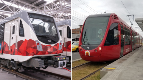 Uno de los vagones del  Metro de Quito y uno de los trenes del Tranvía de Cuenca. 