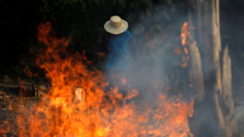 Un hombre intenta contral un incnedio en la selva amazónica en la zona de Iranduba, en el estado brasileño de  Amazonas.