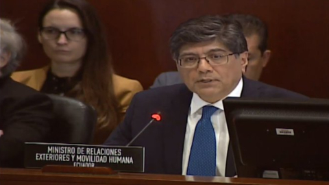 El canciller José Valencia, durante su exposición ante el Consejo Permanente de la OEA, en Washington, el 15 de octubre de 2019.