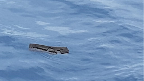 Una imagen  publicada por la Fuerza Aérea de Chile que muestra un pedazo de esponja flotando en el mar y que sería parte del avión desaparecido.