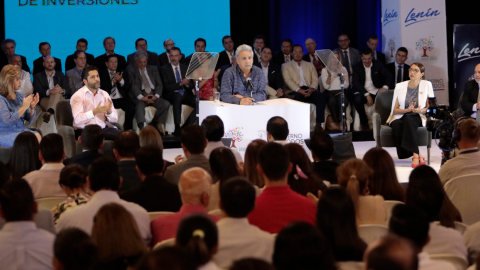 El presidente Lenín Moreno durante su encuentro con empresarios realizado en la UEES.