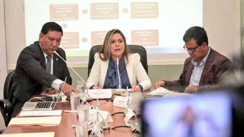 Los asambleístas Fausto Terán (izq.) y Johanna Cedeño (centro) anunciaron que analizan su permanencia en Alianza PAIS, en una rueda de prensa el 5 de febrero de 2020.