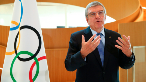 Thomas Bach, presidente del COI, durante una conferencia el 25 de marzo de 2020.