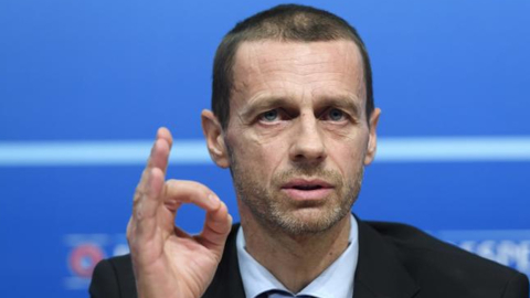 El presidente de UEFA, Aleksander Ceferin, durante una rueda de prensa en la sede de la entidad, en Suiza.