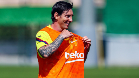 Lionel Messi en el entrenamiento del FC Barcelona, el lunes 25 de mayo.