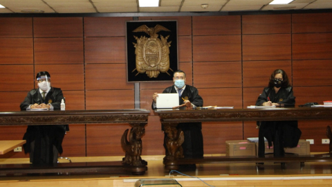 El Tribunal de la Corte Nacional de Justicia que tramitó la apelación de la prisión preventiva del asambleísta Daniel Mendoza, el 22 de junio de 2020.