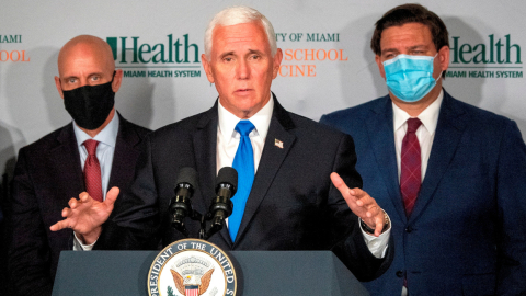 El vicepresidente de Estados Unidos, Mike Pence, en conferencia de prensa sobre el progreso de una vacuna contra el coronavirus, el lunes 27 de julio de 2020.