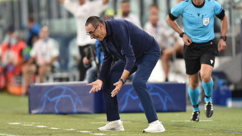 Sarri, durante el partido por Champions frente a Olympique de Lyon, en Turín, el 7 de agosto de 2020