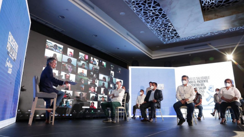 El líder de CREO, Guillermo Lasso, en un evento del partido en Manta el pasado 12 de agosto de 2020.