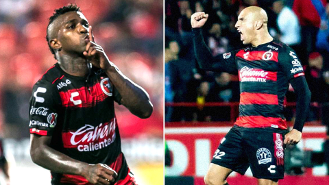 Miller Bolaños y Ariel Nahuelpán celebrando goles que han convertido.