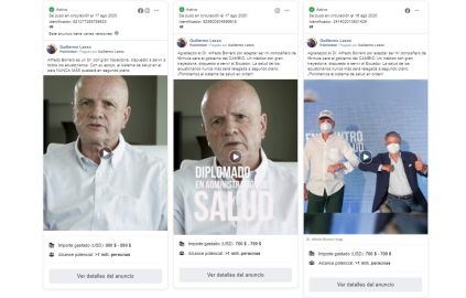 Anuncios pautados por Guillermo Lasso en Facebook e Instagram en agosto de 2020.