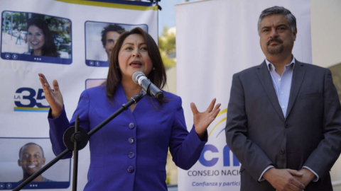 Ximena Peña y Patricio Barriga, integrantes del binomio de Alianza PAIS, durante la inscripción de su candidatura el 6 de octubre de 2020.