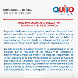 Comunicado del Municipio de Quito ante falta de recursos de la Fundación Teatro Nacional Sucre.