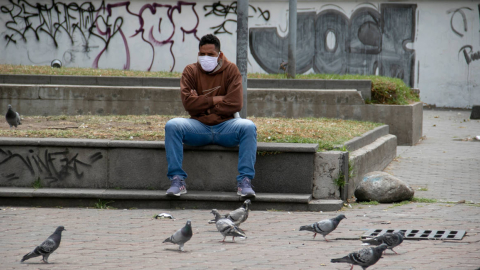 Un hombre mira a unas palomas en un parque de Cotocollao, en Quito, el 17 de octubre de 2020.