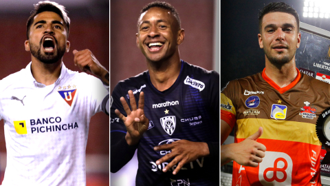 Adolfo Muñoz, de Liga, Gabriel Torres, de IDV y Agustín Ale, de Delfín, durante partidos de la fase de grupos de Libertadores.