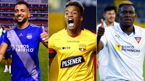 Aníbal Leguizamón, de Emelec, Byron Castillo, de Barcelona y Cristian Martínez Borja, de Liga, festejan goles en la segunda etapa de LigaPro